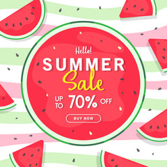 Summer Sale card vector illustration. Watermelon slice on red, green and white stripes background.
