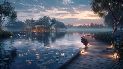 Serene Lakeside Serenade A Tranquil Twilight Refuge Offering Solace and Sanctuary for Weary Travelers - obrazy, fototapety, plakaty