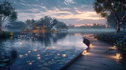 Foto op Plexiglas Serene Lakeside Serenade A Tranquil Twilight Refuge Offering Solace and Sanctuary for Weary Travelers © Sittichok