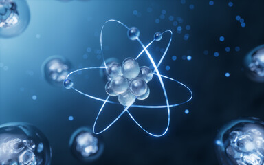 Obraz premium Physics atom with dark blue background, 3d rendering.