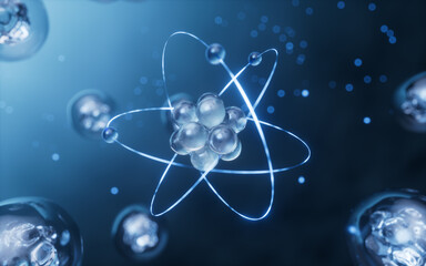 Physics atom with dark blue background, 3d rendering.