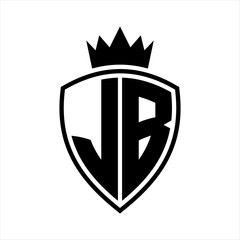 JB Letter monogram shield and crown outline shape with black and white color design