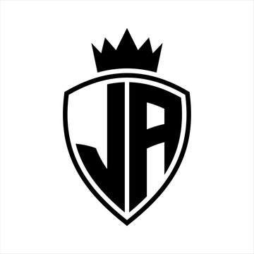 JA Letter monogram shield and crown outline shape with black and white color design