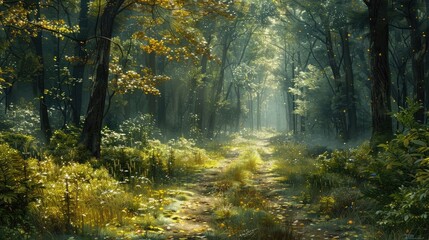 Serene Forest Pathway Inviting Weary Traveler to Pause and Listen to Nature s Whispers