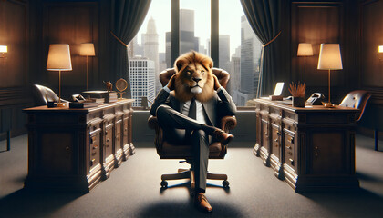 会社の社長室で考えるスーツを着たライオン - obrazy, fototapety, plakaty