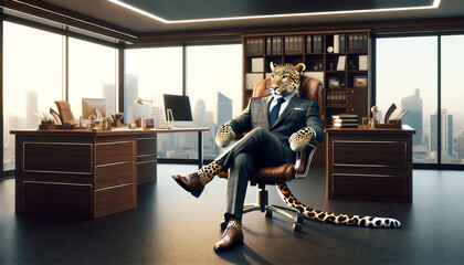 会社の社長室で考えるスーツを着たヒョウ - obrazy, fototapety, plakaty