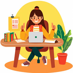 Fototapeta na wymiar Flat stock illustration a girl sitting in the desk
