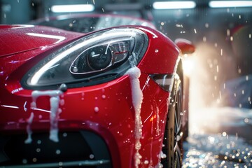Red luxury sports car getting a thorough clean in a high-tech automated car wash station. Luxury...
