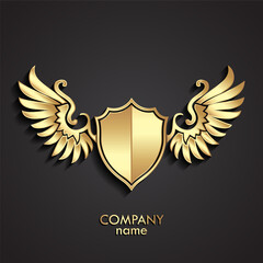 3d golden shield with wings, vector illustration logo design