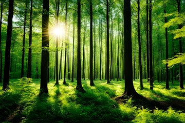 Obraz premium Sunlight floods the springtime forest.