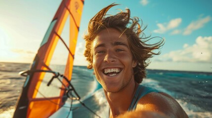 Happy smiling young man, windsurfer in dynamic action in ocean. Water splashes, sunny day. Extreme sport activity