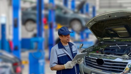 A professional car mechanic in service is inspecting a car in a service center.