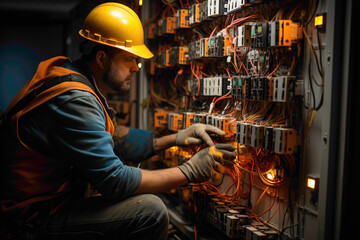 A diligent electrician fixing electrical wiring, hands at work with precision, the technical task captured in high definition against a neutral background.