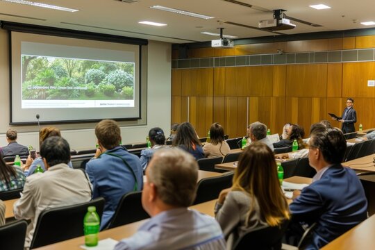 Man giving educational presentation in lecture hall to attentive audience of diverse people