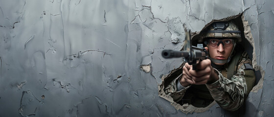 A soldier aims a pistol through a cracked gray wall, depicting tension and conflict