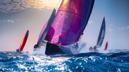 Sailing race with colorful sails billowing against blue sky and sparkling sea.