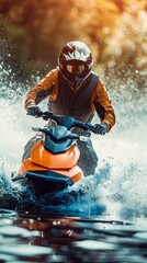 Rider in helmet on jet ski speeding through water, creating spray, backlit by sunlight.