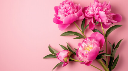 Bunch of pink peonies on plain background with copy space