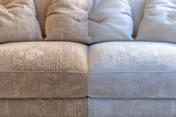 Image comparison showing a sofa before and after a thorough cleaning, displaying the effectiveness of the cleaning device. Before and After Deep Sofa Cleaning Comparison