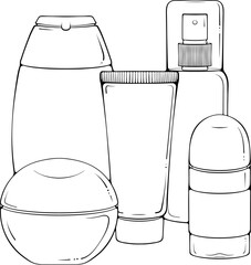 Cosmetic bottles set for beauty, hair, skin and body care. Still life with beauty products. Vector illustration in hand drawn sketch doodle style isolated on white. Flat design for print