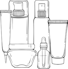 Organic cosmetic bottles set for beauty, skin and body care. Still life with beauty products. Vector illustration in hand drawn sketch doodle style isolated on white. Flat design for cosmetics store