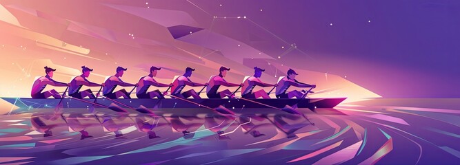 Stylized geometric abstract artwork of a rowing team in synchronization on a vividly colored geometric sea. Rowing team practicing