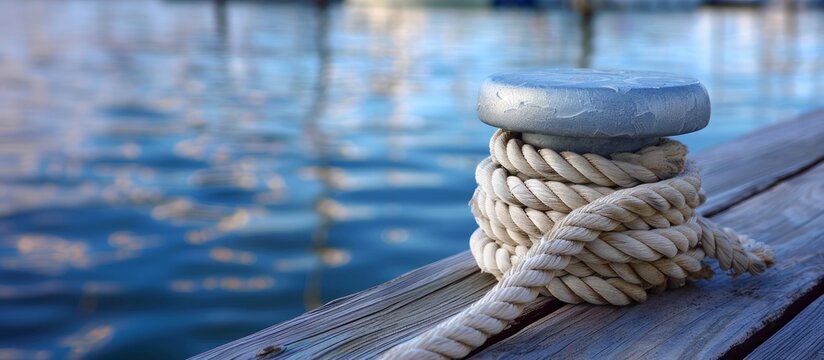 Close-up of a mooring bollard with a thick rope on a wooden dock, tranquil water behind.