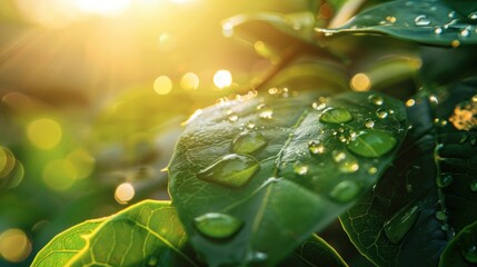 Large beautiful drops of transparent rain water on a green leaf macro. Drops of dew in the morning glow in the sun. - obrazy, fototapety, plakaty