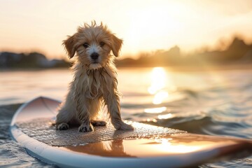 Little, cute, adorable puppy, dog sitting on a surfboard on calm water during beautiful sunset time - obrazy, fototapety, plakaty