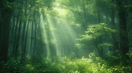 Shafts of Sunlight Filtering Through a Lush Enchanting Emerald Forest Canopy