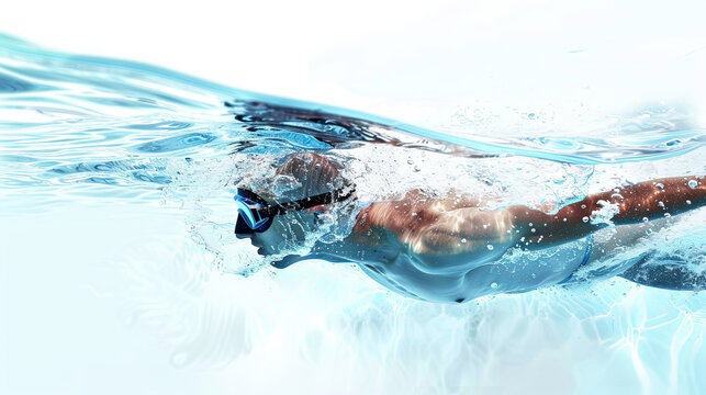 The person is swimming in a photorealistic image on a white background, captured in a dynamic and refreshing moment.