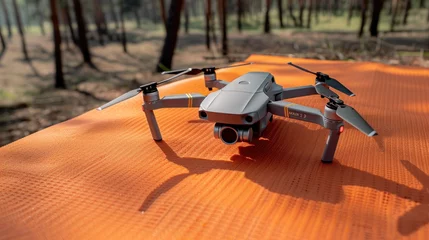 Foto op Canvas Mini 2 drone with cpl lens filter on orange landing mat platform. Quadcopter on nylon foldable launch pad close-up. © haizah