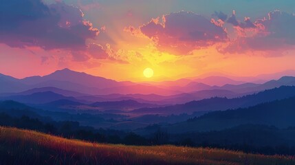 Mesmerizing Twilight Landscape with Silhouetted Mountains Bathed in Golden Glow - obrazy, fototapety, plakaty