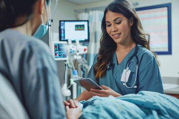 Nurse using tablet in hospital room