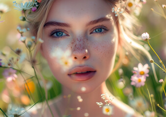 Spring's ethereal muse: captivating blonde in a floral crown amidst the meadow