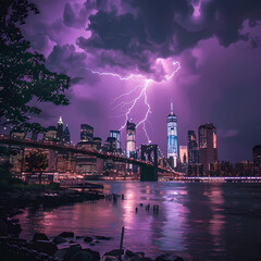new york city fantasy AI being hit by a thunder storm and lightning 