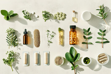Flat lay of natural supplements and herbs