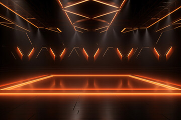 Empty stage light background. Illuminated stage with warm lighting design for modern dance performance. Entertainment show. Stage design for modern dance. Spotlight effect on stage. Generative AI. - obrazy, fototapety, plakaty