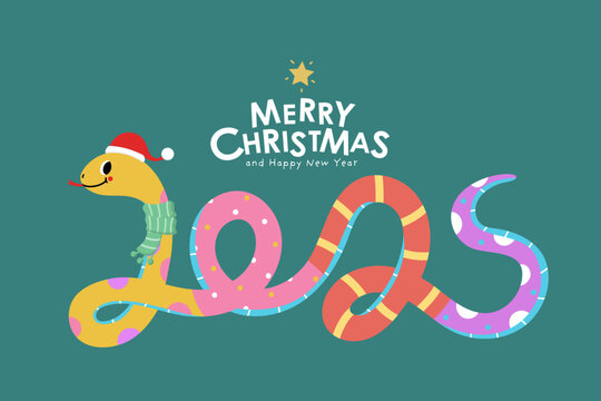 Merry Christmas and happy new year 2025 with cute snake in xmas hat. Animal holidays cartoon character. -Vector