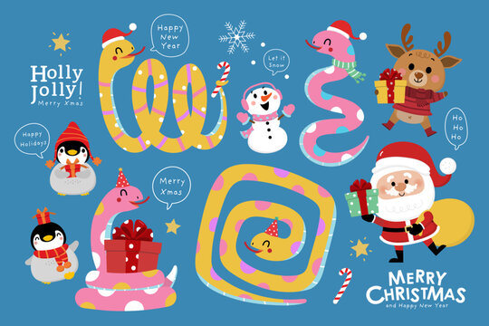 Merry Christmas and happy new year 2025 with cute snake in xmas hat, Santa Claus, reindeer and penguin. Animal holidays cartoon character. -Vector