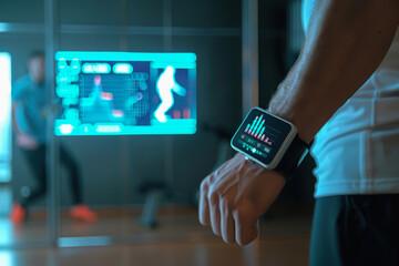 Fitness tracker displaying data with gym background