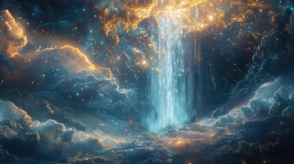 Celestial Cascade A Mesmerizing Waterfall Flowing from the Heavens Reflecting the Boundless Mysteries of the Cosmos - obrazy, fototapety, plakaty