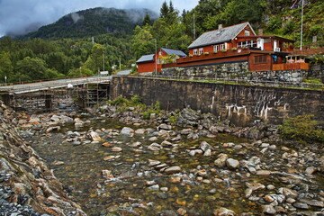 Building site on the road bridge in Hellandsbygda at the scenic route Ryfylke in Norway, Europe
