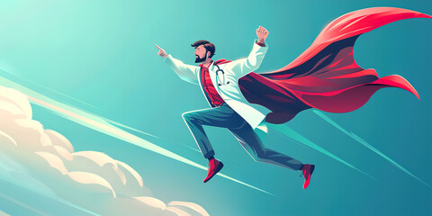 Illustration of superhero doctor flying in the sky
