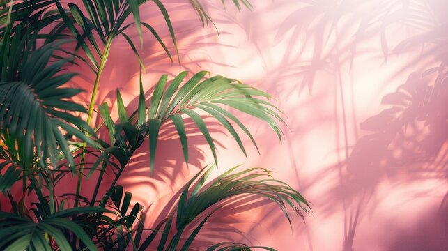Blurred shadow from palm leaves on the light pink wall. Minimal abstract background for product presentation.
