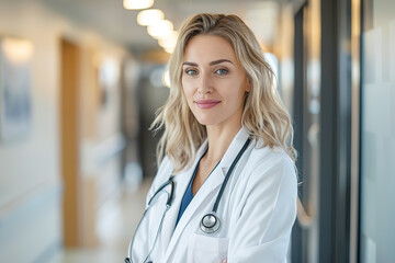 Portrait of female doctor with stethoscope in hospital corridor