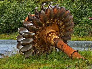 Running wheel of an old Pelton turbine in Hellandsbygda at the scenic route Ryfylke in Norway, Europe
