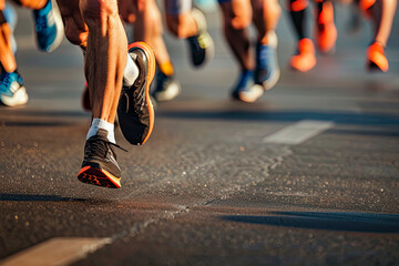 Fototapeta premium Marathon runners running on city road, large group of runners, close-up
