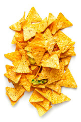 Traditional tortilla nacho chips isolated on white background