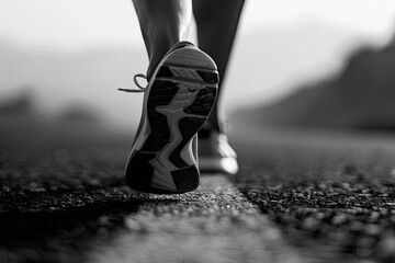 detailed image of the feet of a running athlete in black and white
